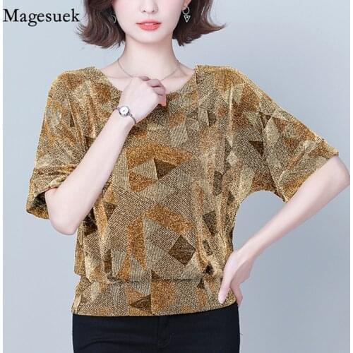 Fashion New Elegant Shiny Sequin Women Blouse Tunic Summer Short Sleeve Blouses Shine Plus Size Glitter Womens Shirt Tops 14082