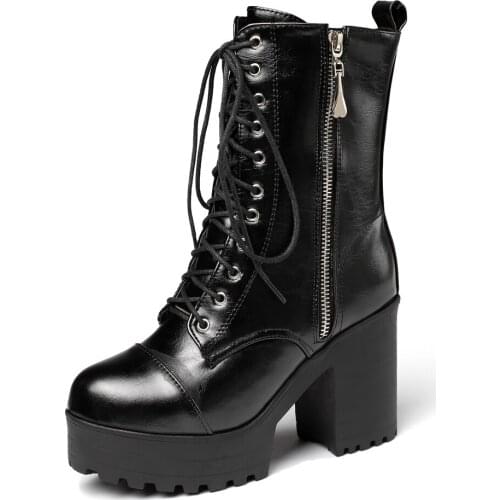 Thick Heel High Heel Lace-Up Womens Short Boots Side Zipper Short Plush Boots Thick Sole Single Boots Platform Mid-calf