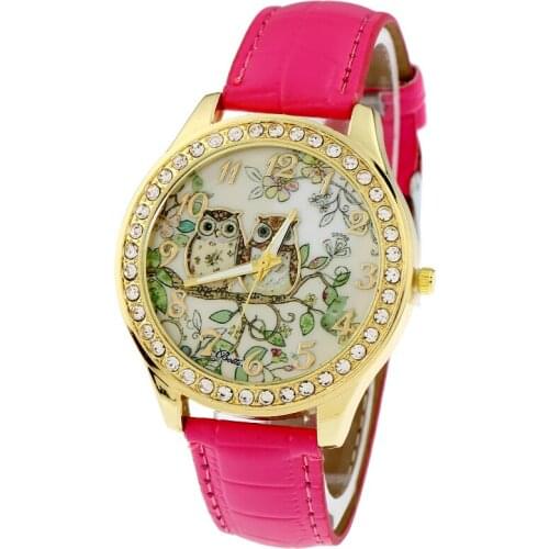 Gnova Platinum Pu Leather Owl Watch Woman Vintage Retro Women Wristwatch Golden Rim Girl Dama Students Clock