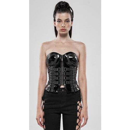 PUNK RAVE Womens Punk Love and Imprisonment Heavy Metal Heart-Shaped Corset Patent Leather Sleeveless Sexy Corset