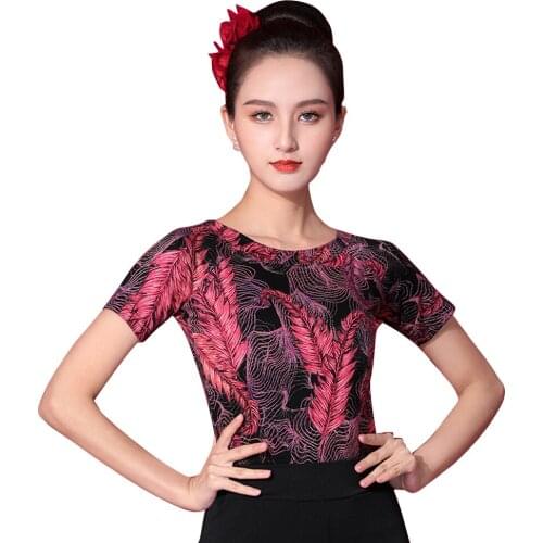 Latin Dance Female Adult Elegant Leopard Print Red Practice Top National Standard Dancing Printing Shirt Performance Clothing