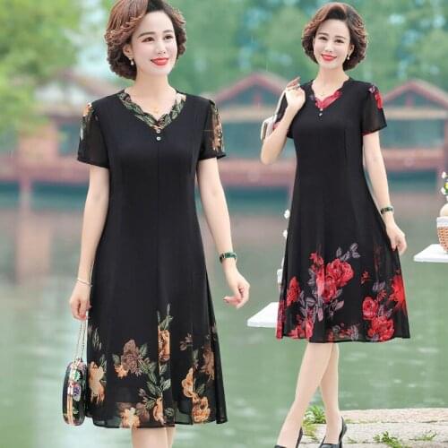 2021 Summer Middle-Aged Women Chiffon Dress Female Casual Loose Print Fashion V Neck Short Sleeve Midi Dresses Vestidos X62