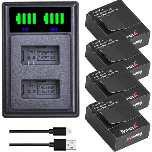 AsperX 4Pcs AHDBT-301 AHDBT-302 For Gopro Battery + LED Dual USB Charger for Gopro Hero 3/3 Hero3 Hero3 Camera Hero3 Go Pro