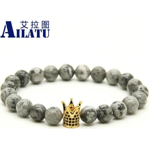 Ailatu 10pcs/lot High Grade Jewelry 8mm Grey Picture Stone with Micro Inlay Black CZ Beads Crown Mens Bracelets