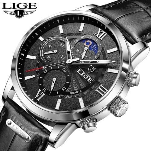 LIGE Men Watches 2021 New Fashion Leather Waterproof Luminous Top Brand Luxury Mens Quartz Wristwatch Men Relogio Masculino+Box