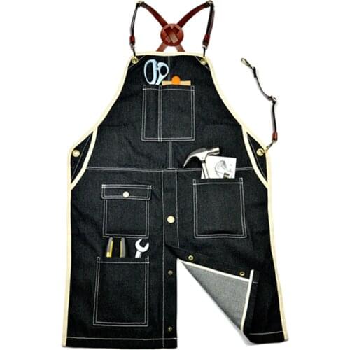 Black Denim Apron Crossback Cow Leather Strap Barber Florist Carpenter Artist Work Wear Barista Bartender Pastry Uniform K70