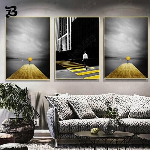 Canvas Painting Wall Art Landscape Scenery Black and White Decorative Wall Pictures Yellow Umbrella Highway Nordic Home Decor