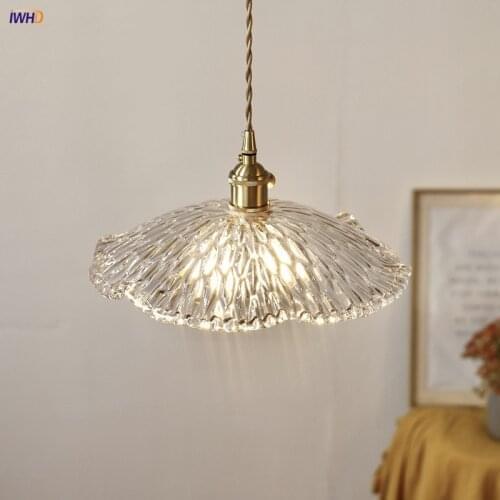 Japan Style Copper Nordic Pendant Lamp With Switch Glass Lotus Leaf Fixture For Ceiling Lights Home Living Room Lampara Techo