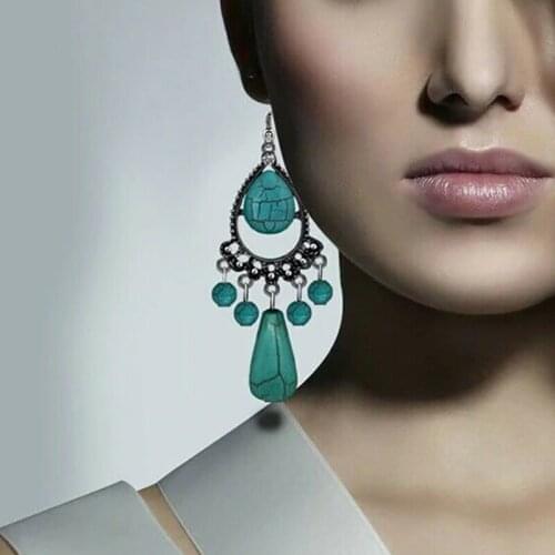 Fashion retro cute temperament silver long tassel pendant turquoise owl earrings accessories Vintage Dangle Ear Hoop Antique