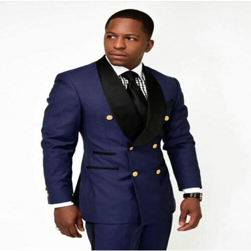 Fashion Navy Blue Double Breasted Male Blazer Pants Slim Fit Gold Buttons Casual Business Suits Groom Tuxedos Wedding Prom Suits