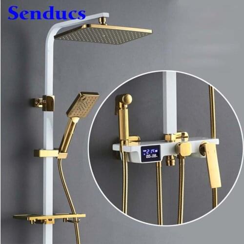 Digital Bath Shower Set Senducs White Gold Thermostatic Shower System Rainfall Shower Head Gold Bathroom Digital Shower Set