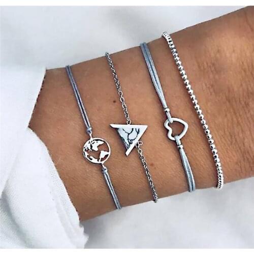 Pack of 4 personality creative bangle bracelet with hollow heart /map and faux stone triangle design in mixed link chains in sil