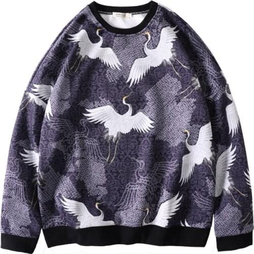New Fashion Crane Printed Sweatshirts Mens Long Sleeve O-neck Hoodies Pullover Spring Autumn Casual Regular Fit Male Clothes