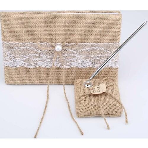 Hemp lace Vintage Personalized Wedding Guest Book Embellished Burlap Rustic Wedding Signature Guest Book and Pen Stand Souvenirs