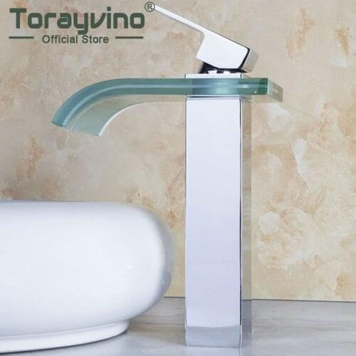 Torayvino Luxury Waterfall Glass Chrome Polished Bathroom Faucet Deck Mounted Basin Sink Single Handle Faucets Mixer Water Tap