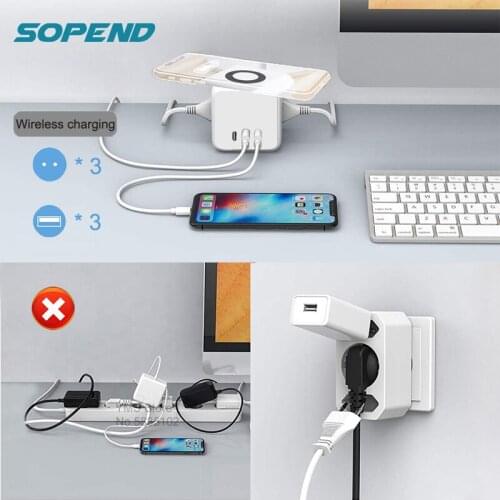 Sopend EU Plug Power Strip with USB Type-C Outlets 15W Wireless Charger 1.5m Extension Phone Desktop Socket Overload Protection