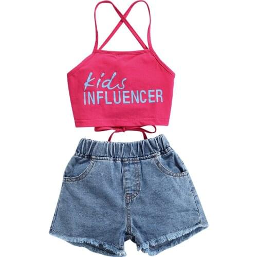 2Pcs Kids Baby Girls Clothes Summer Tracksuit Letter Cross Strappy Backless Tank Tops + Elastic Waist Denim Shorts for 1-5 Years