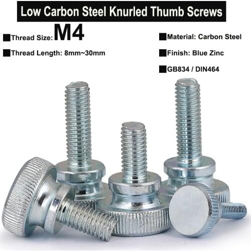 10Pcs M4x8mm~30mm Carbon Steel Knurled Thumb Screws Galvanized Plating GB834 DIN464 High Step Head Hand Tighten Thumb Screw