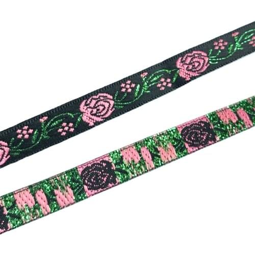 ZERZEEMOOY 10MM 7YARD/LOT Black Background Pink Flower JACQUARD RIBBON QDZD19050901