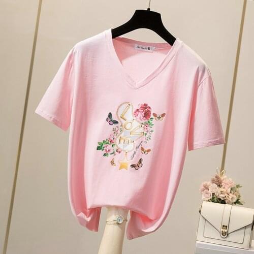 Short Sleeve Tshirt Women Pink Loose Summer Tops Oversized Tshirt Printed V Neck Tee Plus Size 4XL New 2021
