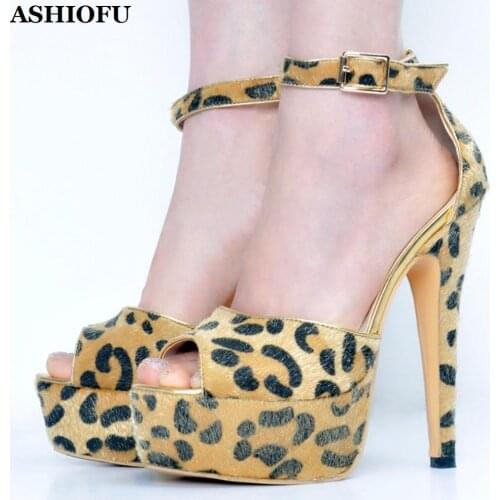 ASHIOFU New Classic Ladies High Heel Sandals Leopard Leather Party Dress Platform Shoes Buckle Strap Evening Fashion Sandals