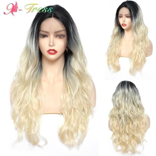 X-TRESS 613 Lace Front Wig Ombre Blonde Synthetic Wigs for Women Long Natural Wavy Dark Roots Free Part Lace Wigs with Baby Hair