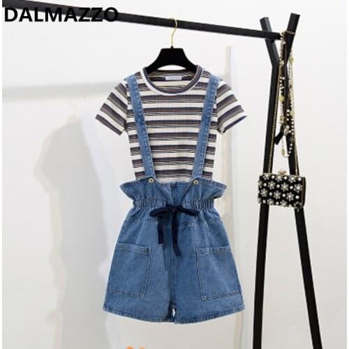 Knitted Cotton Striped Women Short Sleeve Tops T-Shirt + Spaghetti Strap Denim Pants 2 pcs Sets 2020 Summer Womens Jeans Suits