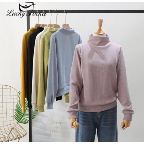 Female Spring Autumn Fashion Loose Slim Turtleneck Yellow Sweaters Women Korea Solid Color Casual Long sleeve Pullovers QL516