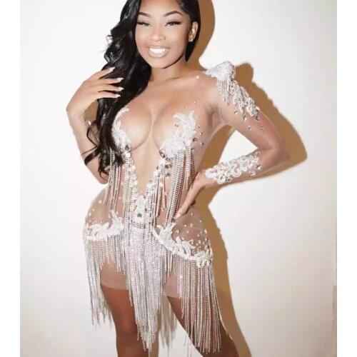 Women Stage Mesh Sexy Pearls Crystals Chains Dress See Through Birthday Party Celebrate Tassels Costume Nightclub Fringes outfit