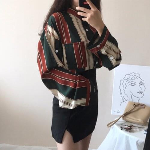 2021 Mazefeng Spring Shirts Women Striped Slim Stand Collar Women Casual Shirts Ladies Tops Office Lady Shirts Vintage