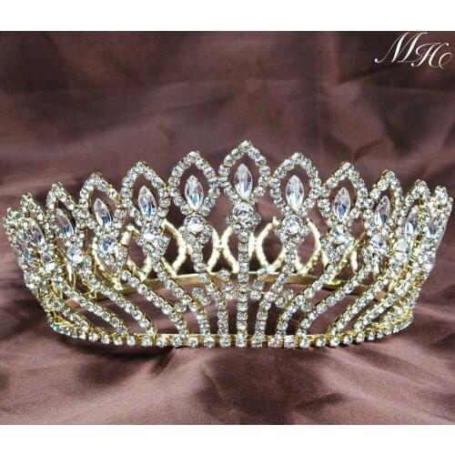 Gold Flower Full Round Bridal Wedding Crown Clear Rhinestone Crystal Large Tiara Headband Pageant Hair Jewelry Accessories