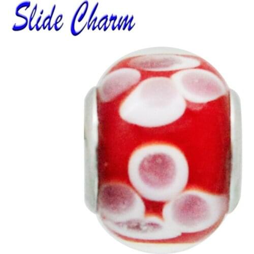 White flower red glass charm beads suitable for Pandora charm bracelet DIY making jewelry