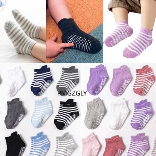 6 Pairs/lot Children Anti-slip Boat Socks Girls Boys Cotton Low Cut Floor Socks Baby Kids Stripe Sock With Rubber Grips 0-5 Year