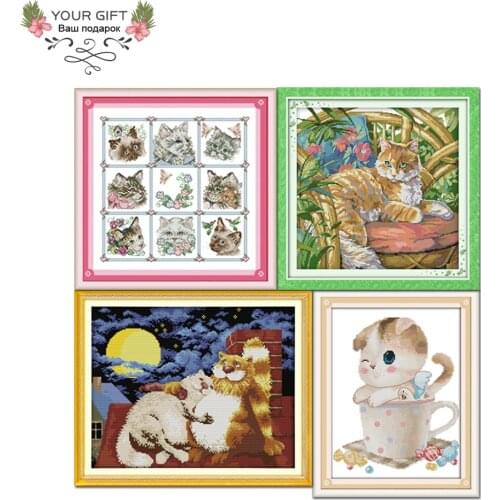 Joy Sunday D839D844D847D851 Free Shipping Home Decor Cat Lovers kitten In Cup Cats On Chair Animal Needlework Cross Stitch Kits