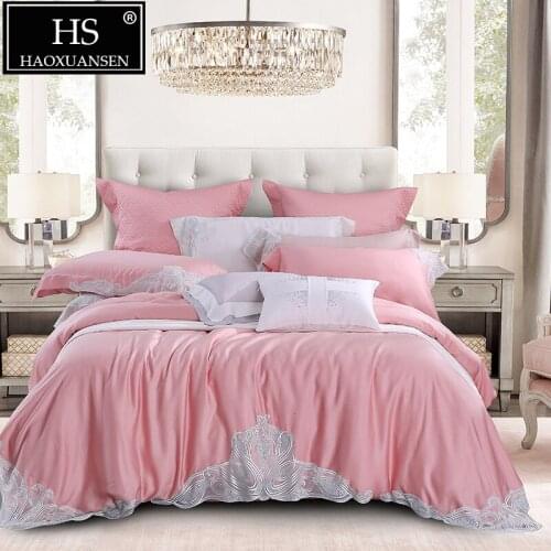 Luxury Tencel Lyocell 4pcs Lace Bedding Sets Pink 100% Tencel Natural Organic Silky Soft Duvet Cover Sheet Set Queen King Size