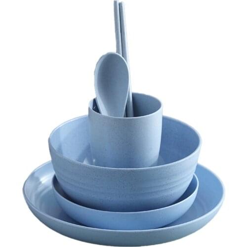 6-Piece Wheat Straw Creative Household Japanese-Style Tableware Set, Cups, Plates, Chopsticks, Spoons, Tableware