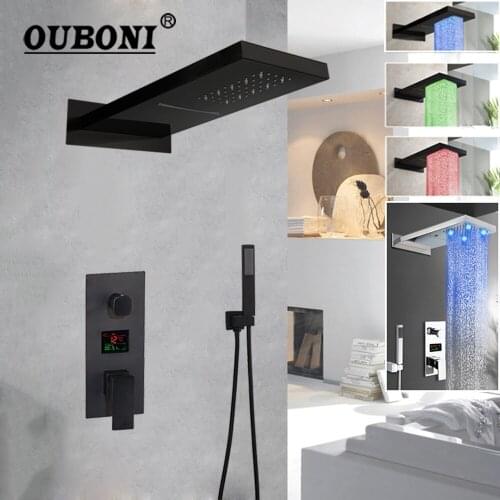 OUBONI Chrome Polish Bathroom Shower Faucet Wall Mount Rainfall Shower Head 3 Ways Matte Black Digital Display Mixer Shower Set