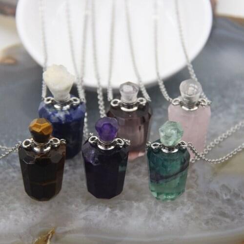 Natural Amethysts Fluorite Cut Faceted Perfume Bottle Pendants,Purple Quartz Rose Crystals Essential Oil Vial Necklace Jewelry