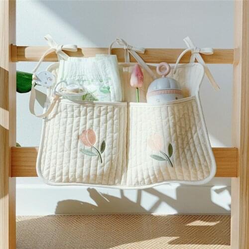 Baby crib storage hanging bag Cotton Newborn Crib Organize stroller bag diapers pocket feeding bottle baby toy storage bag