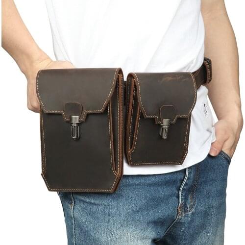 Genuine Leather Waist Bag Pack Purse Crazy Horse Large Phone Belt Bag Pouch Fanny Pack