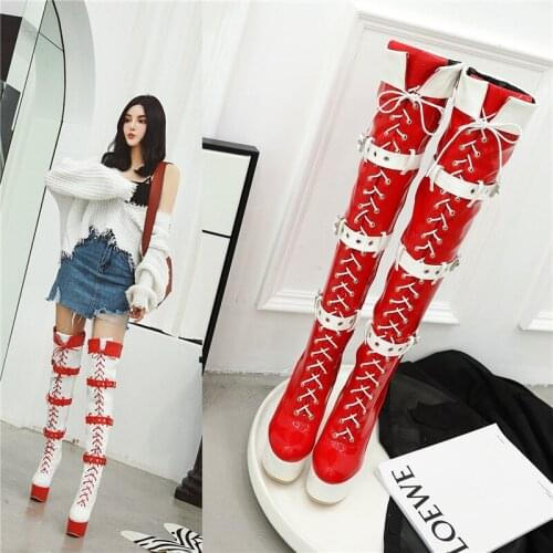 Plus size 48 Over Knee Boots Sexy Fetish Dance Nightclub Party Shoes High Heel Platform Women Red Black Thigh High Boots Mujer