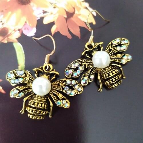 Retro Style Iridescent Stones and Pearls Bee Earring Butterfly Dragonfly Insect Drop Earrings