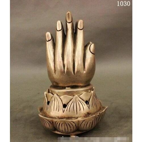 Tibet Silver Temple Shakyamuni Amitabha Buddha Hand Statue Incense Burner Censer