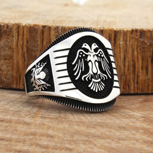 Solid 925 Sterling Silver Double Headed Eagle Ottoman Sultan Tughra Mens Ring