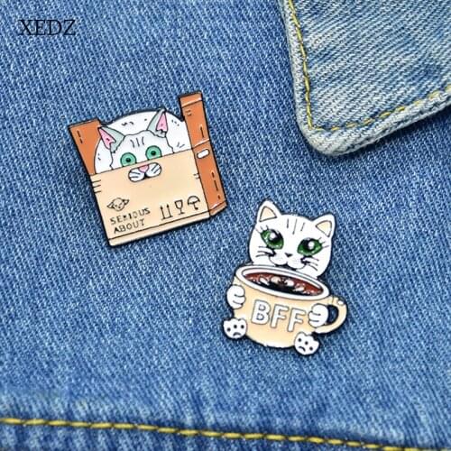 XEDZ Cartoon Cat Shopping Bag Coffee Cup Enamel Brooch Fashion Cute Animal Best Friend Costume Badge Jewelry Gifts