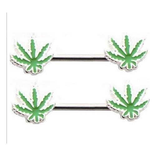 Piercings Body Jewelry 14 Gauge (1.6mm) Green Maple Leaf 316L Surgical Stainless Steel a Pair Nipple Rings