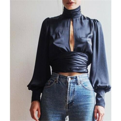 Long Sleeve Solid Color Women Shirt Sexy Backless Hollow Satin Blouse Casual Long Sleeve Office Lady Elegant Tops Shirts Femme
