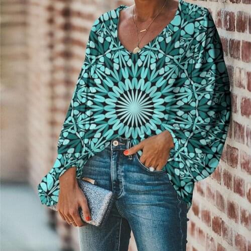 Jackherelook Bohemian Mandala Floral Pattern Woman Blouse Plus Size V-neck Tops Harajuku Shirt Lady Office Clothes Blusas Mujer