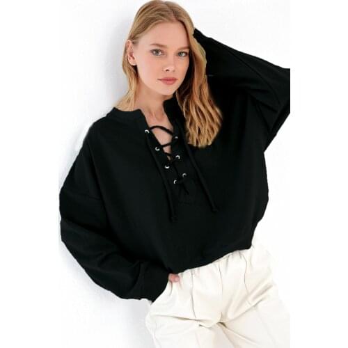 Womens Black Hoddies Lace-Up Oversized Sweatshirt Loose Knitted Oversized Sweatshirt Streetwear Vintage Autumn Long Sleeve Tops