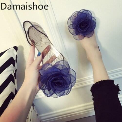 Peep Toe Sandal Womens Summer 2021 New Fashion Student Bow Flat Korean Style Flower Jelly Transparent Crystal Comfortable Shoes